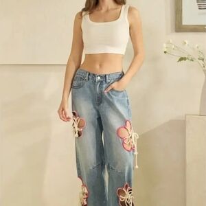 Oli & Hali Light Blue Denim Boyfriend Jeans with Pink Floral Cutouts